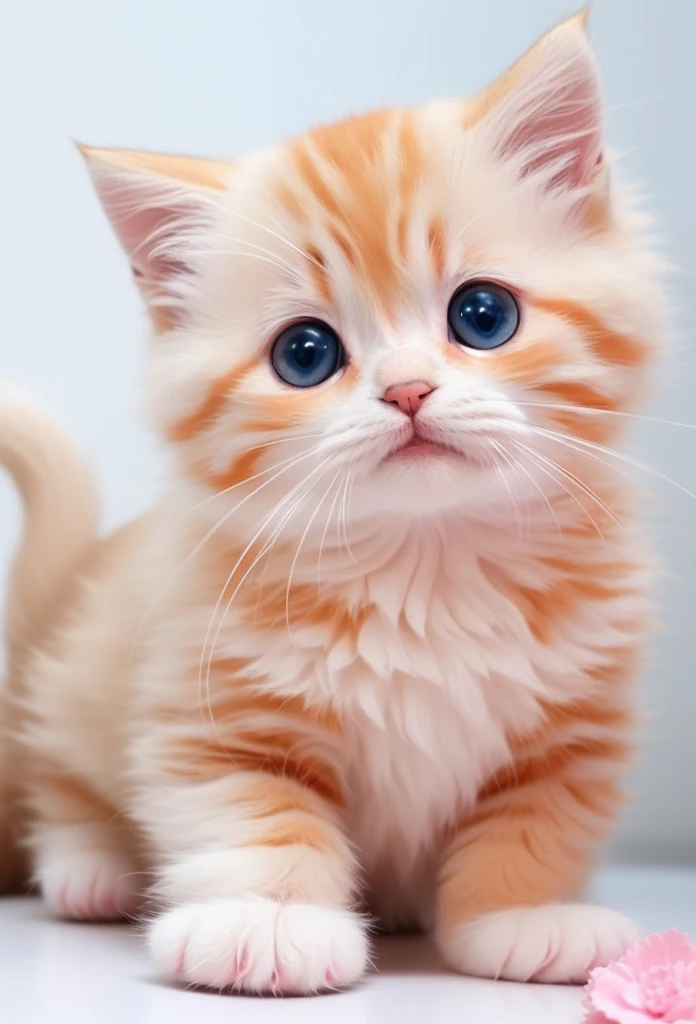 there is a small orange kitten sitting on a white surface, a cute cat, an adorable kitten, cute cat, the cutest kitten ever, cute and adorable, with cute doting eyes, cute kitten, adorable eyes, cute cat photo, cute and lovely, kawaii cat, beautiful and cute, lovely and cute, cute colorful adorable, huge adorable eyes, cute adorable