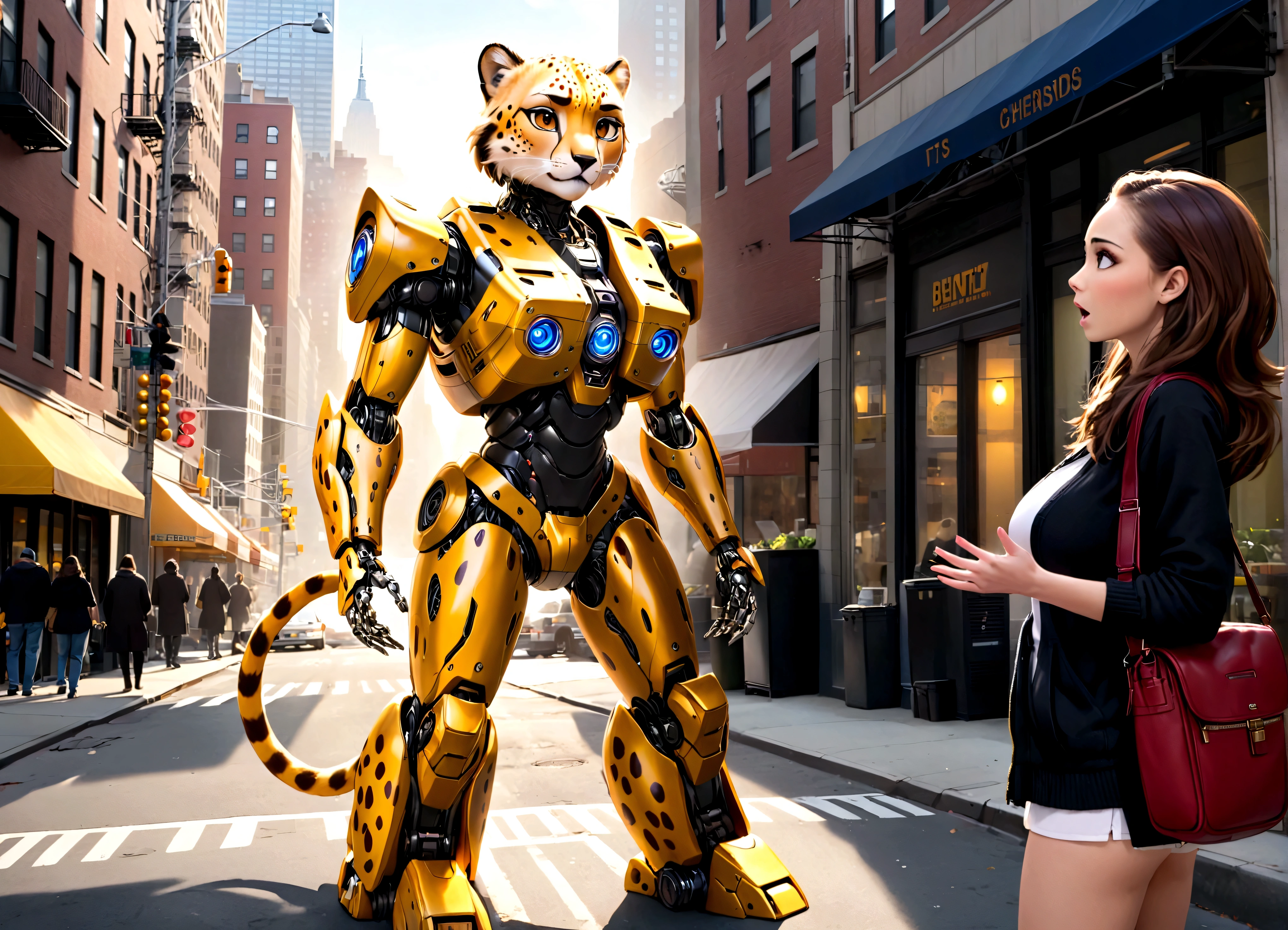 A transformer in humanoid robot mode with Cheetah motif (its beast mode is a Cheetah) is talking to a startled woman, downtown new York