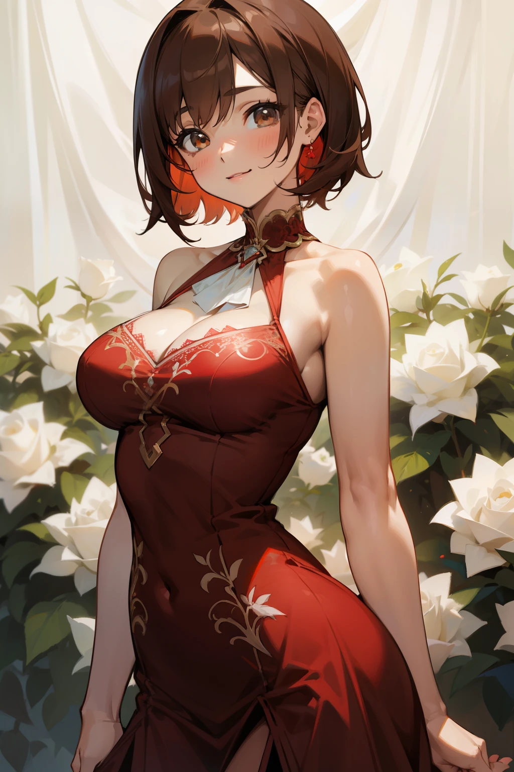Cute girl, short brown hair to the neck, hazel eyes, sexy smile, red dress with many white roses embroidered on it, big breasts.