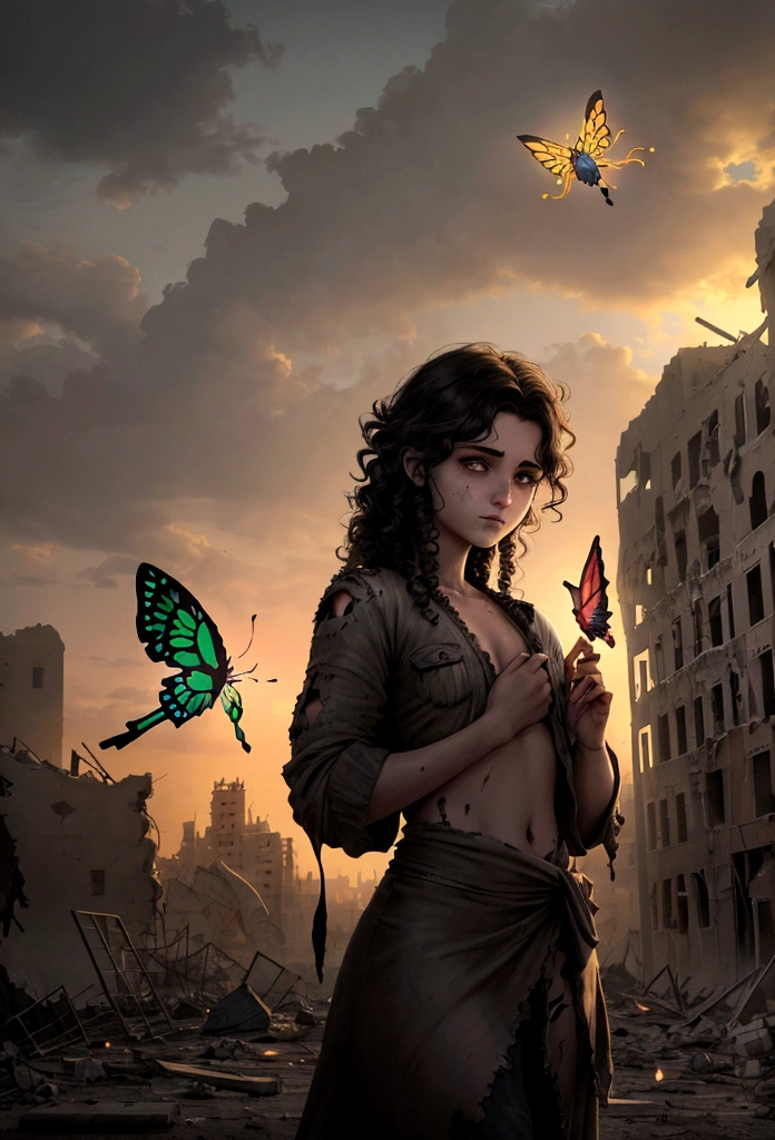 "Ultra-realistic an evocative visual description of a Palestinian boy in worn, dirty clothing, holding a faded toy in one hand and bearing a bloody hand, standing in front of a gathering of opulent Arab kings and royal figures in a grand palace." messy, palestinien, curly hair, Dusty face and cloth,(( A destroyed city in the background, feu, cadavre humain sur le sol, certaines personnes pleurent, Destroyed building)), Un papillon sur son index, (((Elle regarde le papillon et sourit un peu))), hyper detailed, Couleur dynamique, nuance noire et grise, Super Emotional Image, against a dark and haunting backdrop and surrounded by swirling black smoke. The image must be in a captivating 16:Format 9."