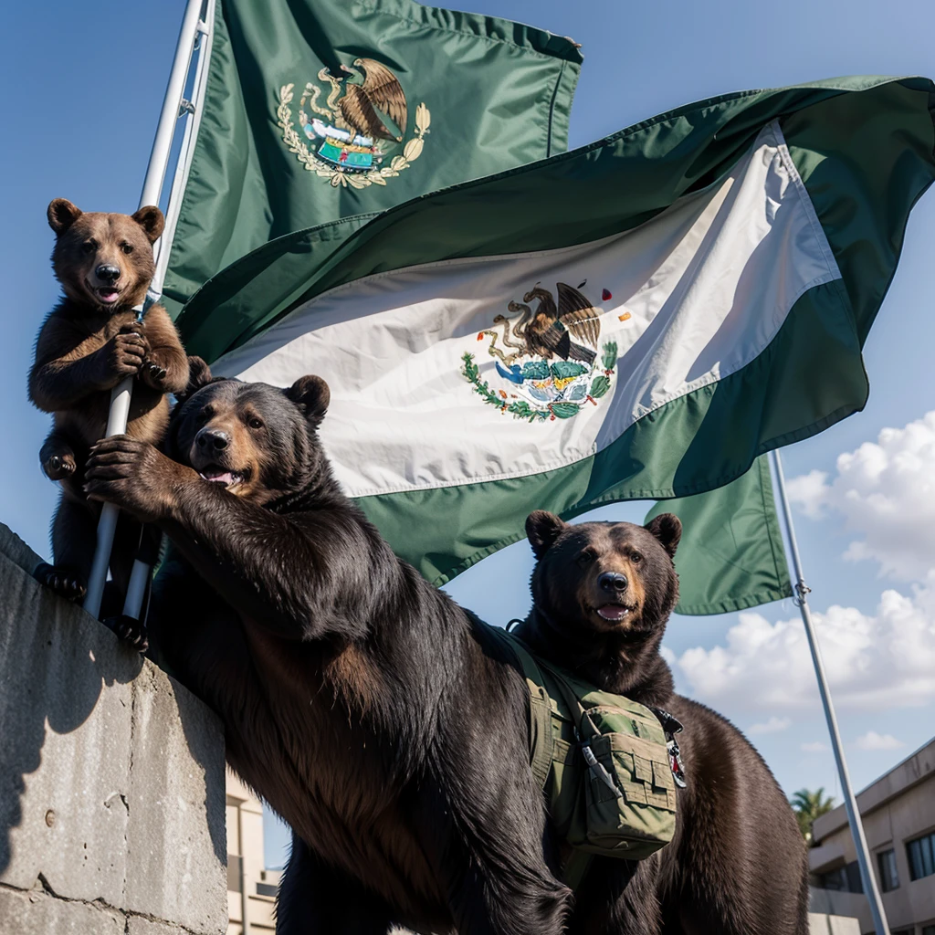 MILITARY BEAR RAISING THE FLAG OF MEXICO
