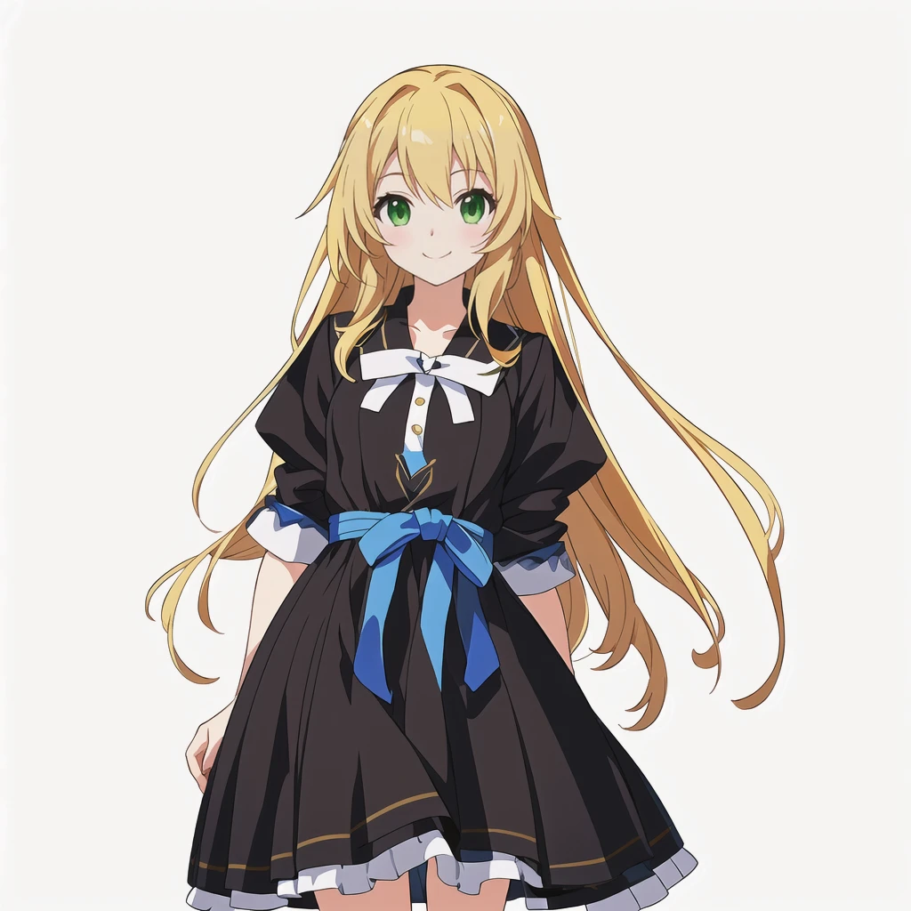 Highest quality, high resolution, High quality anime art style, Official Art, Smooth anime CG art, Stylized anime, Cute 3D anime girl render, Visual Novel Sprites, White background, whole body, Anime-style 3D, Smooth anime CG art, Humanoid Girl, JRPG Characters, Anime girl with long hair and black dress with ribbon, smile, Green Eyes, Golden Hair, Long Hair, Lori, Small Bust, Small breasts, 15 years old