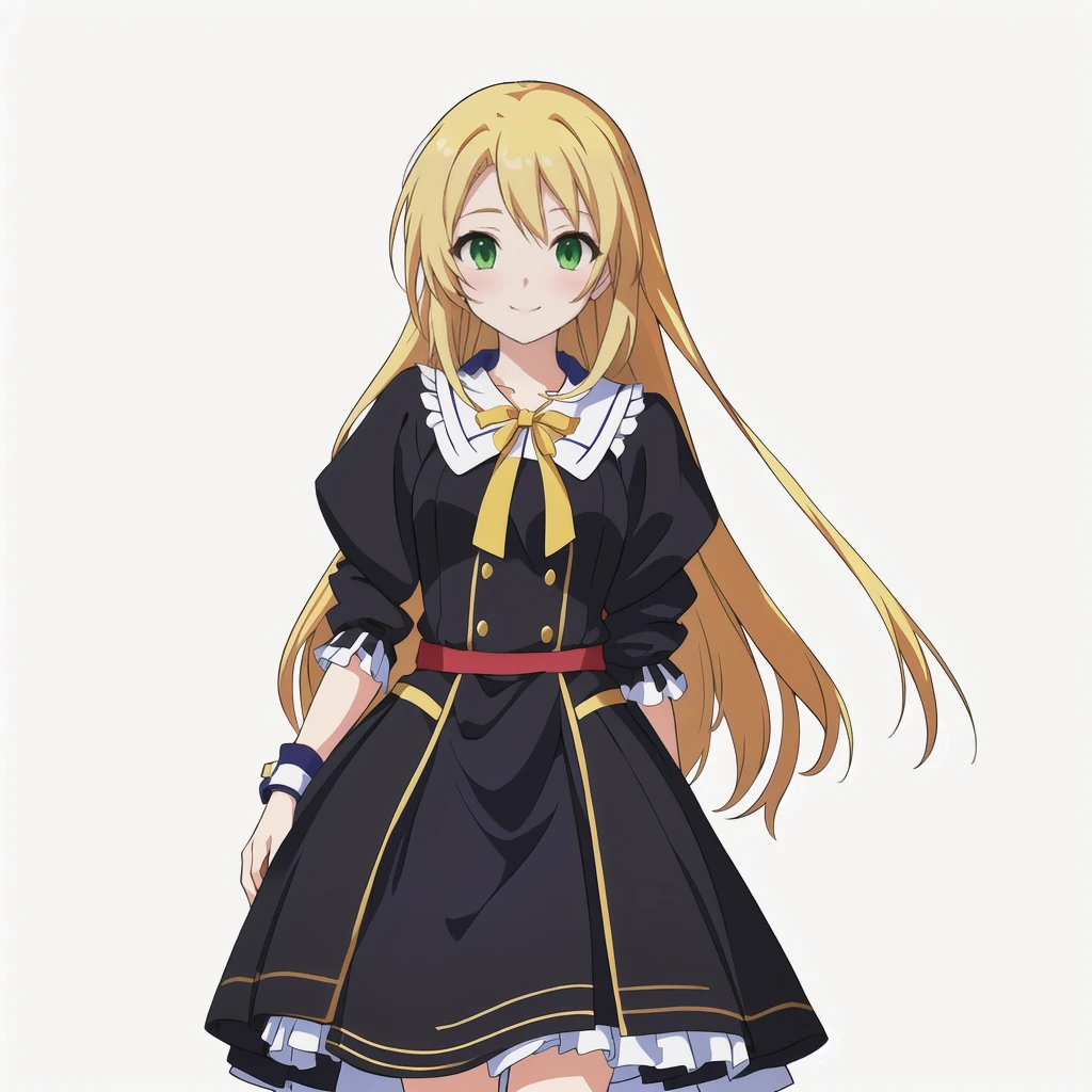 Highest quality, high resolution, High quality anime art style, Official Art, Smooth anime CG art, Stylized anime, Cute 3D anime girl render, Visual Novel Sprites, White background, whole body, Anime-style 3D, Smooth anime CG art, Humanoid Girl, JRPG Characters, Anime girl with long hair and black dress with ribbon, smile, Green Eyes, Golden Hair, Long Hair, Lori, Small Bust, Small breasts, 15 years old