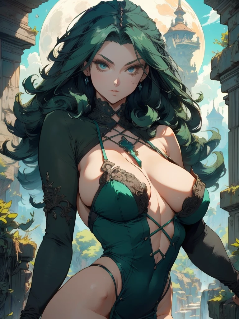Splash art of 1girl, gothic anime character, beautiful, , , stunning, cute, deep rich colors, epic, octane rendering, masterpiece, 8k, hd, 4k, highly detailed, sharp focus, Beautiful anime goddess with long green hair, wearing a short dress, , anime key look, moon, large , intricate, , highly detailed, wide , breathtaking beauty, vibrant and sharp focus, illustration