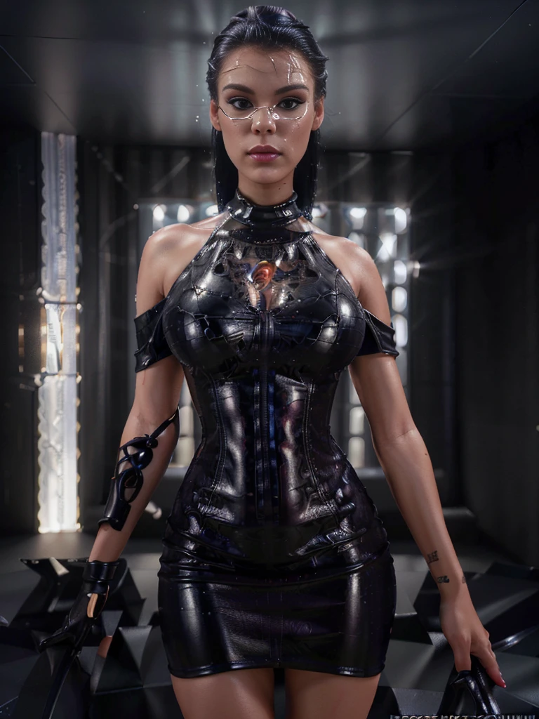 1girl,latex dress,(barbie body),(deep neckline:1.4),beautiful detailed eyes,beautiful detailed lips,extremely detailed face and skin,masterpiece,(best quality,8k,hyper-detailed,photorealistic:1.4),(intricate,highly detailed,cinematic lighting:1.2),dramatic lighting,elegant,dramatic pose,sensual,elegant,fair skin,flawless skin