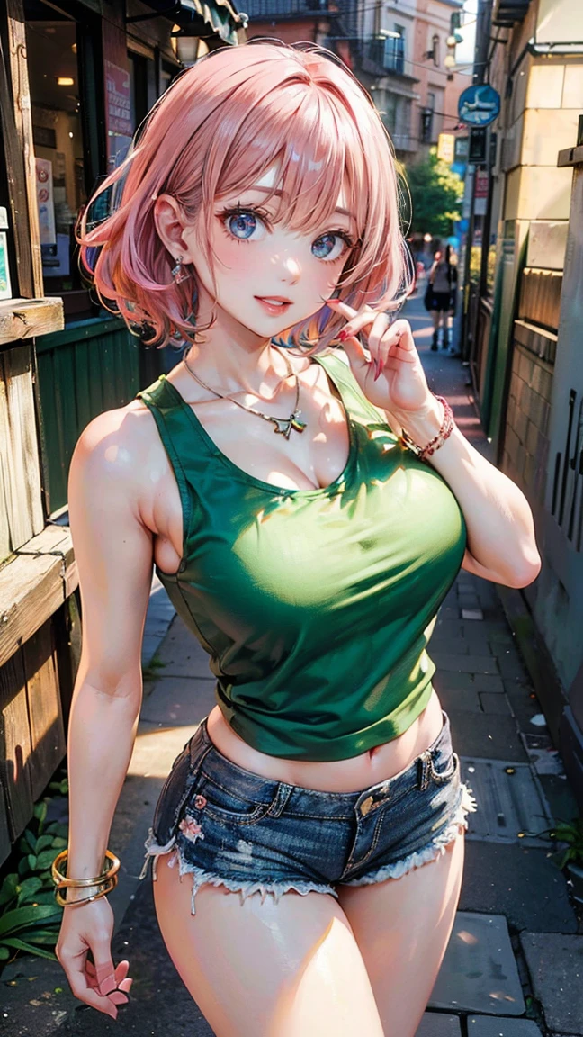 (Masterpiece, BestQuality:1.3), (ultra detailed:1.2), (hyperrealistic:1.3), (RAW photo:1.2), High detail RAW color photo, professional photograph, (Photorealistic:1.4), (realistic:1.4), professional lighting, perfect , (Big Breasts:1.2), (blush, detailed face), (cheerful Smile:1.5), Trending Hair&Trending Hairカラーをランダムに, earrings, necklace, bracelet, sexly,  sexly, Random sexy gravure poses, (A beautiful pink-haired woman wearing a green tank top and shorts、She is smiling and posing sexy while strolling through the old town in summer.。:1.3)