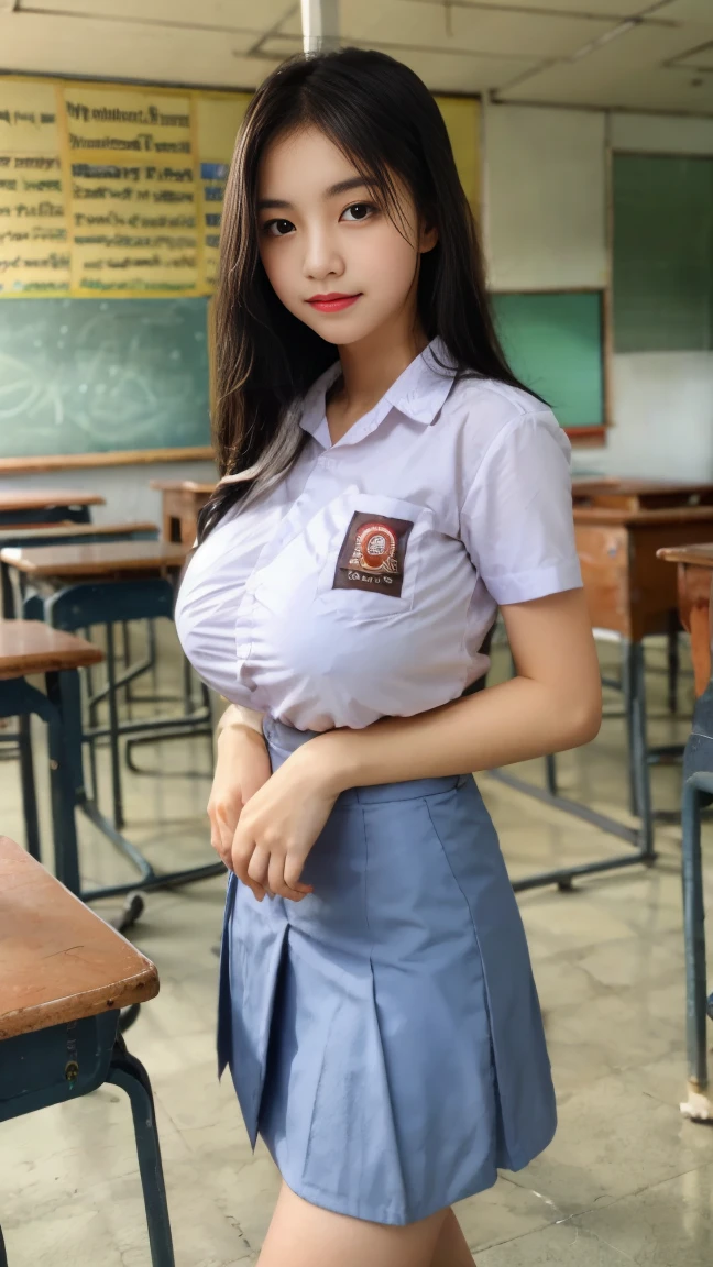 RAW, Best quality, high resolution, masterpiece: 1.3), Beautiful young indonesian girl, seductive pose, showing breast, open legs showing vagina, sensual body, on a top of table of class room,  ((senior high school clothes)), orgasm, highres, 4k, HDR, 1girl, photorealistic, realistic, big breasts, ((whole body)) turning away facial at viewer, closeup, class-room, misty,