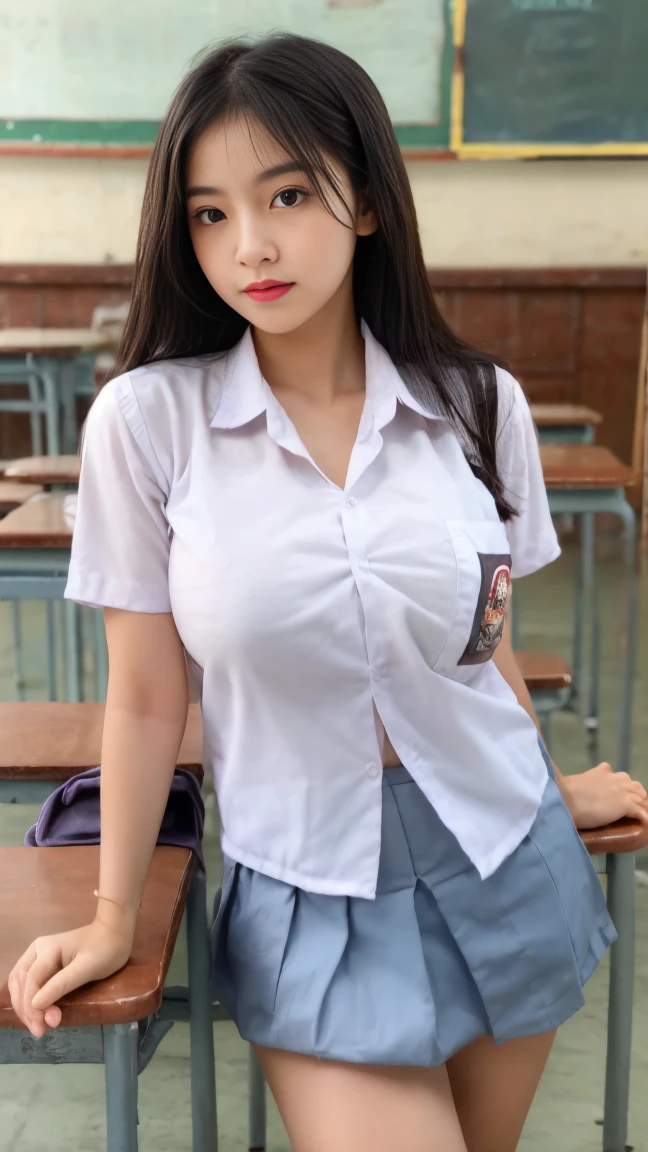 RAW, Best quality, high resolution, masterpiece: 1.3), Beautiful young indonesian girl, seductive pose, showing breast, open legs showing vagina, sensual body, on a top of table of class room,  ((senior high school clothes)), orgasm, highres, 4k, HDR, 1girl, photorealistic, realistic, big breasts, ((whole body)) turning away facial at viewer, closeup, class-room, misty,