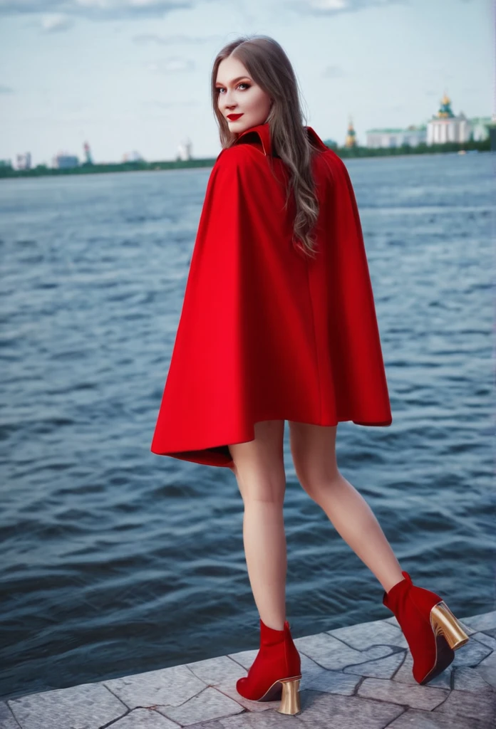 close-up of a woman in a red cape and red shoes, album cover by Elena Guro, Tumblr, tachism, Russian clothes, Russian costume, 8K)), high quality suit, cosplay, Ceremonial dress, traditional russia, low quality video, Ruan is a cute YouTuber, Russian style, better known as Amorant, Amorant