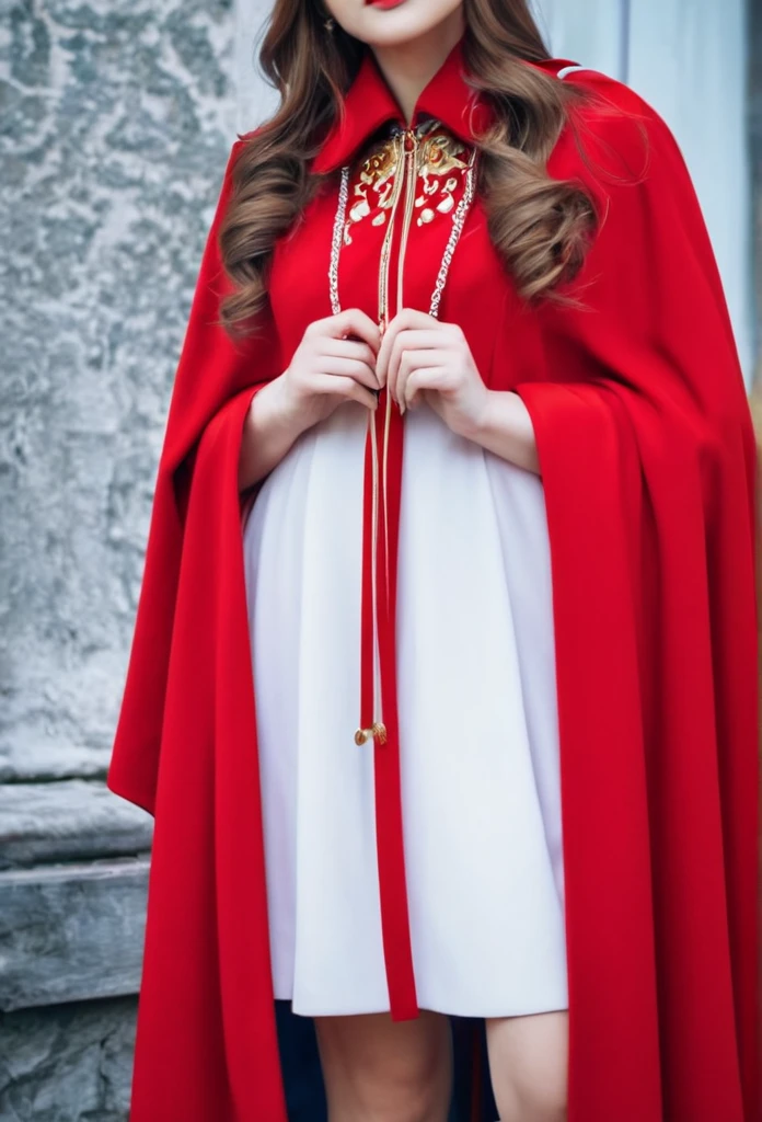 close-up of a woman in a red cape and red shoes, album cover by Elena Guro, Tumblr, tachism, Russian clothes, Russian costume, 8K)), high quality suit, cosplay, Ceremonial dress, traditional russia, low quality video, Ruan is a cute YouTuber, Russian style, better known as Amorant, Amorant