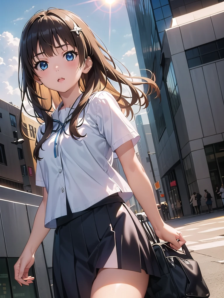 Okay, Saten Ruiko, Black Hair, blue eyes, Long Hair, hair ornaments, Floral decoration,
break blue skirt, pleated skirt, ((ミニskirt:1.5)), Seraphim, skirt, Summer clothes,
break outdoor, city, null, sun, cloud,
break looking at viewer, (Cowboy Shot:1.5),
break (masterpiece:1.2), Highest quality, High resolution, unity 8k wallpaper, (figure:0.8), (Beautiful attention to detail:1.6), Highly detailed face, Perfect lighting, Highly detailed CG, (Perfect hands, Perfect Anatomy), Angle from below, Dutch Angle, Showing panties