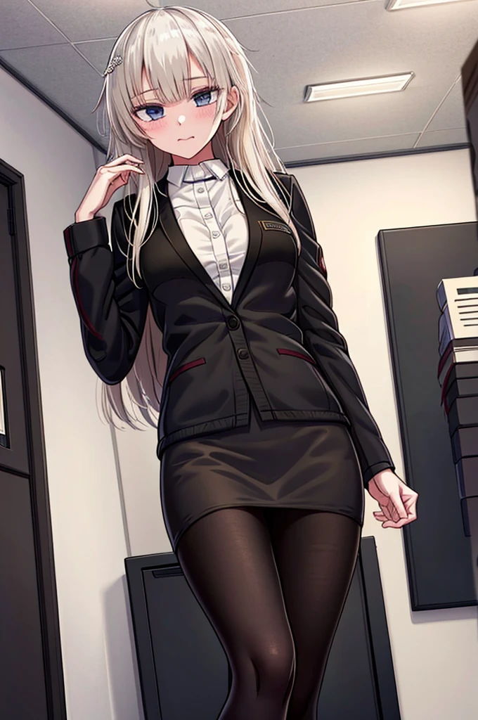 Masterpiece, 1girl, solo, ak-74m, standing, indoor, white shirt, indoor, miniskirt, pencil skirt, inside office, mature women, high resolution, jacket suit