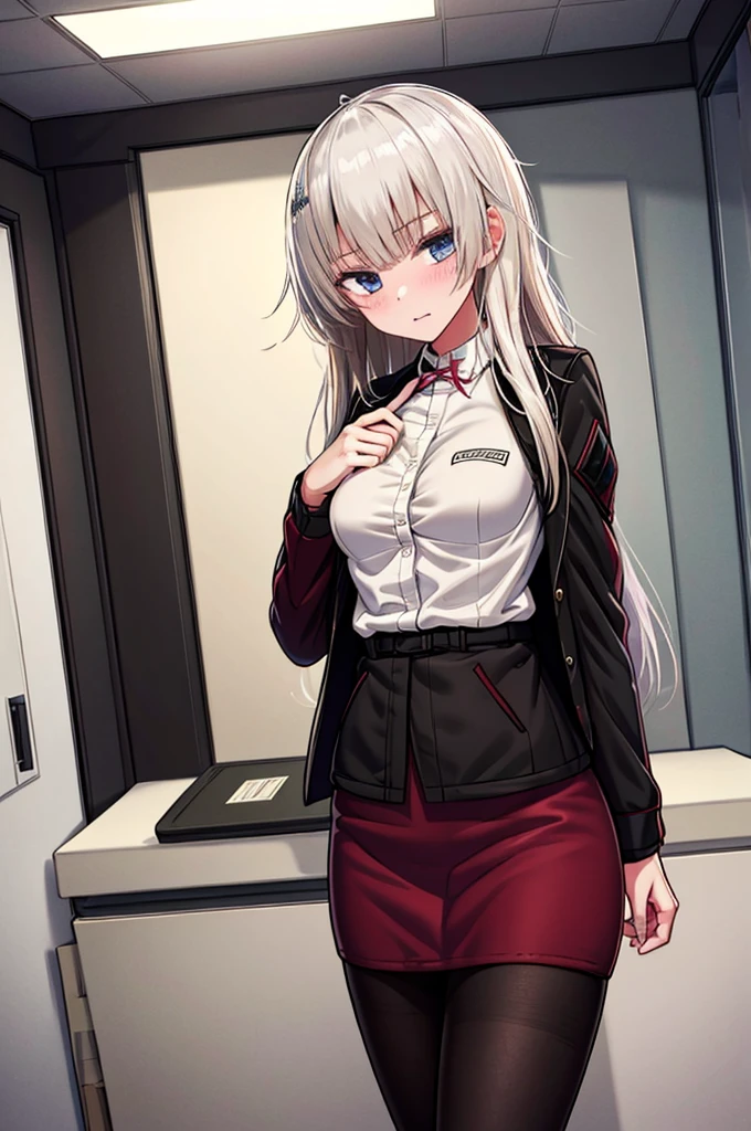Masterpiece, 1girl, solo, ak-74m, standing, indoor, white shirt, indoor, miniskirt, pencil skirt, inside office, mature women, high resolution, jacket suit