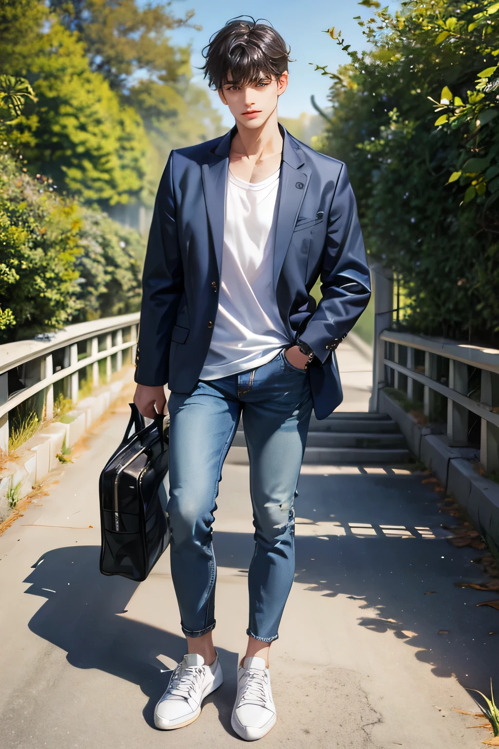 outdoors, 1boy, male_focus, solo, pants, shirt, hands_in_pockets, shoes, building, white_shirt, day, belt, standing, plant, bag, black_hair, sneakers, sky, jacket, full_body, denim, short_hair, white_footwear, looking_at_viewer, tree, backpack, open_clothes, cloud, watch, hair_between_eyes, sleeves_rolled_up, blue_jacket, bangs, blue_sky, jeans, flower, blue_pants, closed_mouth, open_jacket, wristwatch, collarbone, stairs, jewelry, buckle