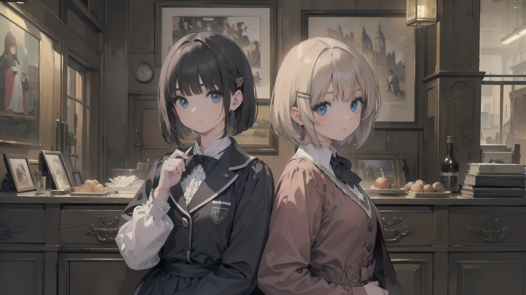 (Highest quality、16K、masterpiece、Ultra-high resolution、Victorian era、Realistic:1.2)、Cowboy Shot、One-length bob cut braided hair clip with front drop、Branded Uniforms cute、clear、 Tsundere、heroine'attribute