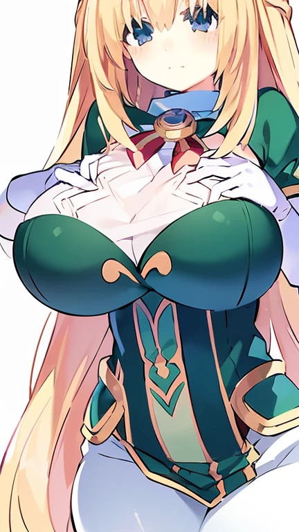 (8k, RAW photo, best quality, masterpiece:1.2), 1girl,solo, curvy, blonde hair, blue eyes, blush, smile, huge breasts, cleavage, long hair, looking at viewer, white pantyhose, green and white dress, white gloves, (vert_/neptune series/:1.1)