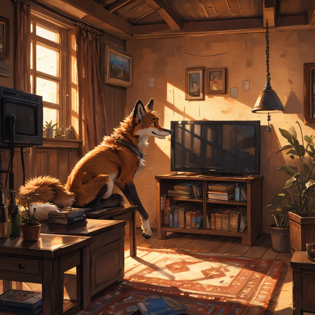 a feral fox watching tv,by kenket,detailed fur,inside,