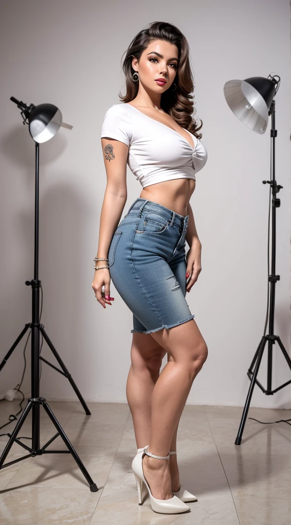 Photo shoot in studio with white background and marble floor. Detailed and realistic representations of a beautiful woman, irradiando um estilo pin-up distinto. extremamente sexy. realist. Vestida com blusa xadrez e shorts jeans pequenos, white high-heeled sandals, meias e salto alto, seus looks refletem o estilo das estampas vintage dos anos 60. Although the classic features are present, The pin-up talent is undeniable. Artistic tattoos add a contemporary touch. Your postures and expressions, combinado com seus looks pin-up, create a fusion between classic vintage and contemporary. white photo studio background, hot session. fotografia ultra-realista.