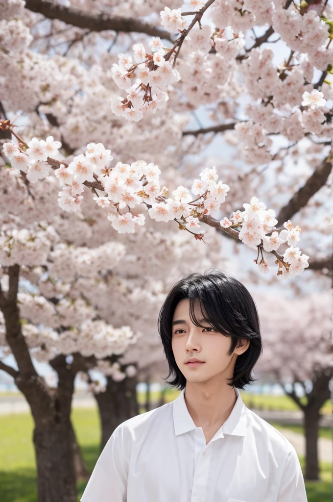 good looking male Black Hair white cherry blossoms