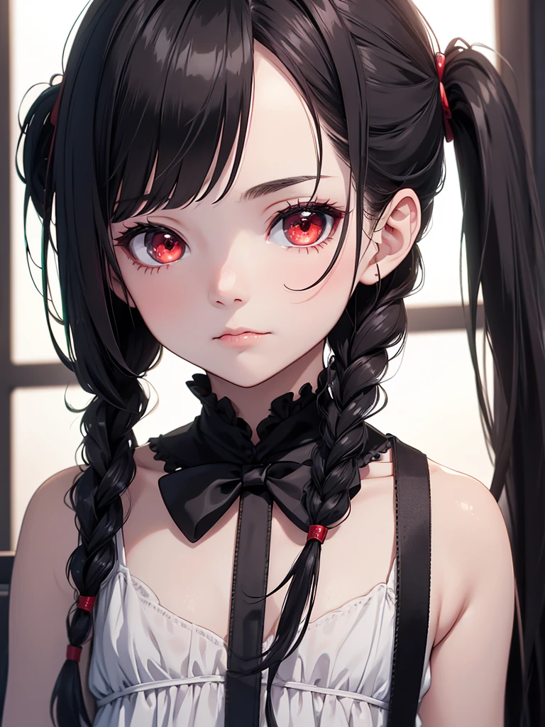 (8K, Best Quality, Masterpiece, Ultra High Resolution) ung Girl, 5 Yeort, Beautiful Eyes, Face Details, Black Hair, Pigtail Braids, Hair Bangs, Red Eyes, Pale Skin, Vampire, Blood Dripping from Lip, Short Formal Dress, Cute Black Dress, Dimly Lit Japanese House, Masterpiece, Best Quality, Upper Body, Looking at the Viewer, Close Up