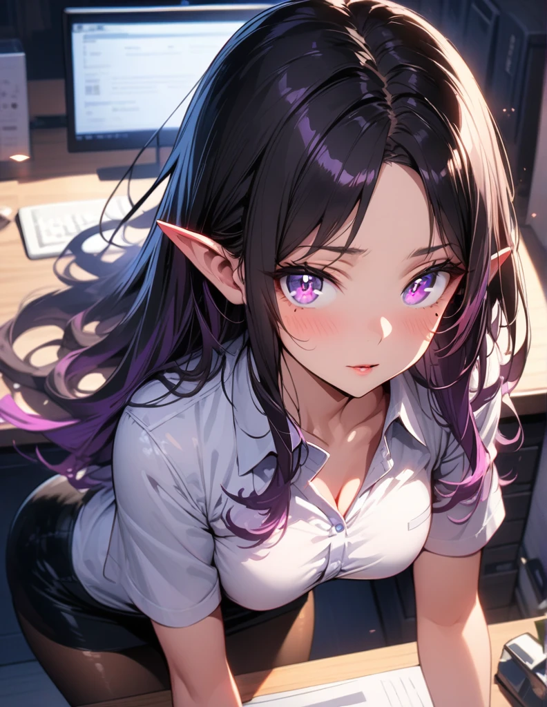((highest quality, best quality, masterpiece, ultra high definition, high dynamic range, ultra high resolution)), ((ultra-detailed illustrations:1.2)), 1 girl, solo, anime style, dynamic lighting, dynamic angle, looking at viewer, indoor, office, (beautiful detailed face, beautiful detailed skin, shiny skin, pointed ears, mole under the eyes, mid-chest), (beautiful detailed hair, parted bangs, long hair, black hair, dark purple hair, multi colored hair), (beautiful detailed eyes, beautiful detailed pupils, violet eyes), (white shirt, collared shirt, short sleeves, black mini skirt, pantyhose)