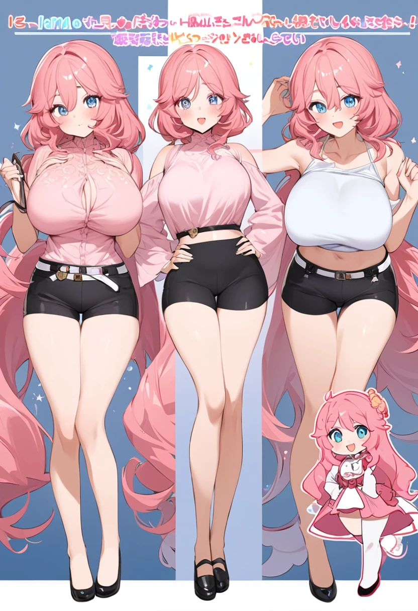 My name is Yumi, I am a white girl with long hair is blue like the sky  and my eyes are red. I am 1.65 cm tall and weigh 47 kg. My breasts measure 250 cm, my waist 60 cm and my hips 260 cm . Dressed in a low-cut and tight pink blouse along with short black shorts. With big breasts 260 cm