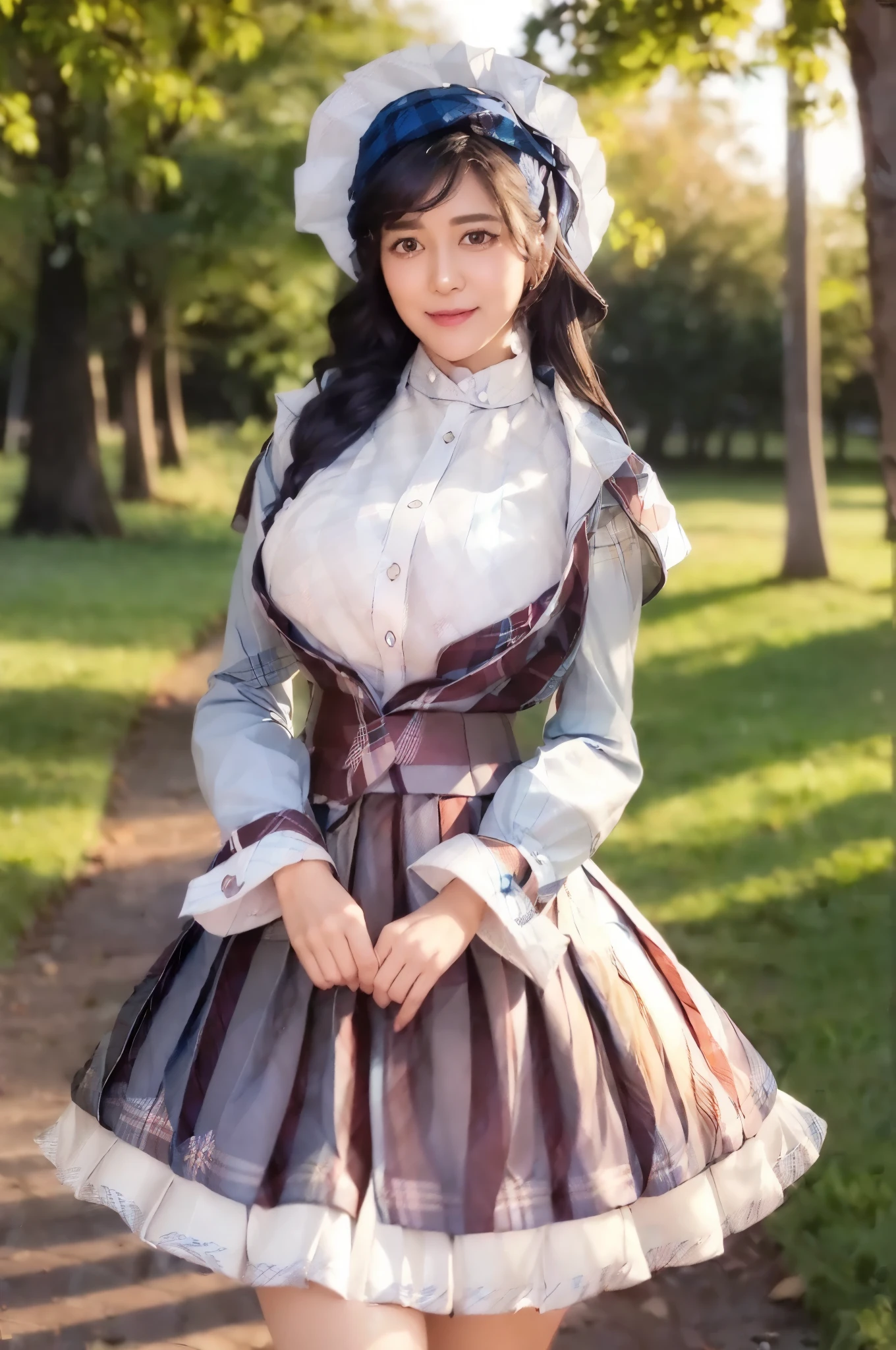 marian rivera,((White collar shirt、Light blue plaid pleated skirt:1.4)、foot, enchanting smile, closed clothes, polite attire, The face of beauty , Because I&#39;m slender , abs:1.4, 30 years old, ((1 girl, alone)), ((full body)), ((huge breasts:1.3)), Breastfeeding A. to, (K, Raw photo, highest quality, Masterpiece 11.4), (realistic, photo-realistic:1.37), (micro:1.4), exposed , ((diamond necKlace)), earrings, glamorous, white sKin, ((in a luxurious hall), looK at viewers, thick brunette hair, long hair, (lit), dynamic pose, (), ((beautiful eyes), erotic, HDR, very detailed, ambient occlusion, nature, harmonious composition, fine art photography, beauty , excellent anatomy, exposed detail