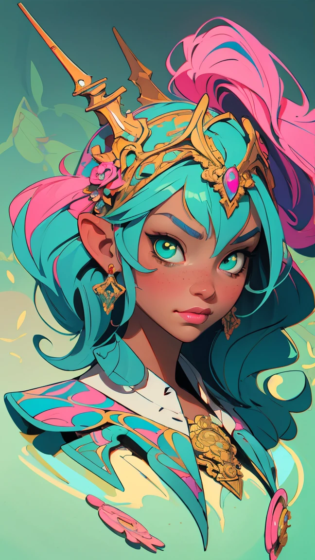 Symmetry, Finely Detailed Elaborate Ornate Alien Queen Goddess with Elaborately Detailed Colorful Eyey Lisa Frank, jeff koons, Orange and Pink, and Yellow and Teal, pretty face, intricate, elegant, highly detailed, digital painting, art station, concept art, smooth, sharp focus, illustration, art by art germ and greg rutkowski and alphonse mucha, 8k