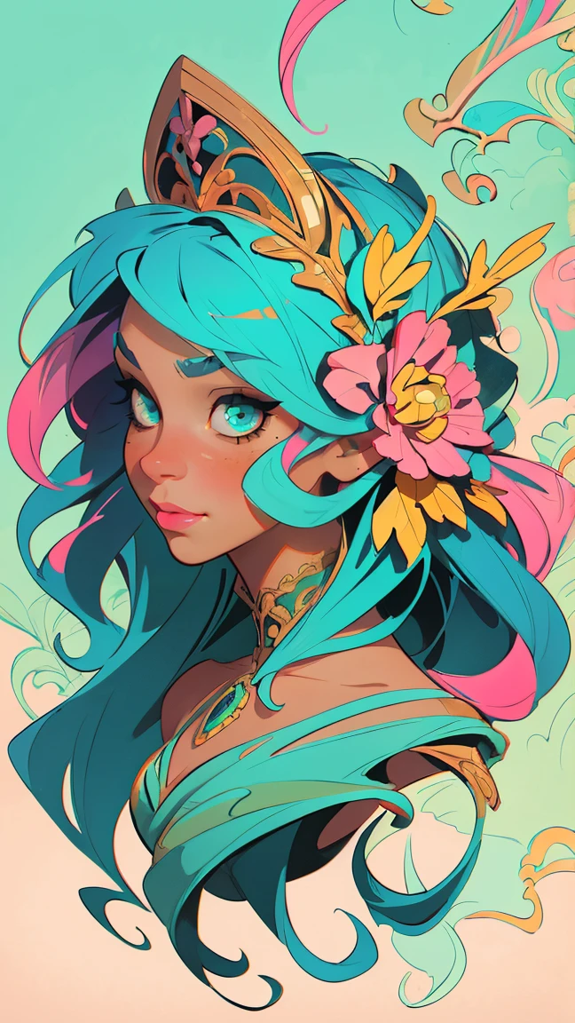Symmetry, Finely Detailed Elaborate Ornate Alien Queen Goddess with Elaborately Detailed Colorful Eyey Lisa Frank, jeff koons, Orange and Pink, and Yellow and Teal, pretty face, intricate, elegant, highly detailed, digital painting, art station, concept art, smooth, sharp focus, illustration, art by art germ and greg rutkowski and alphonse mucha, 8k