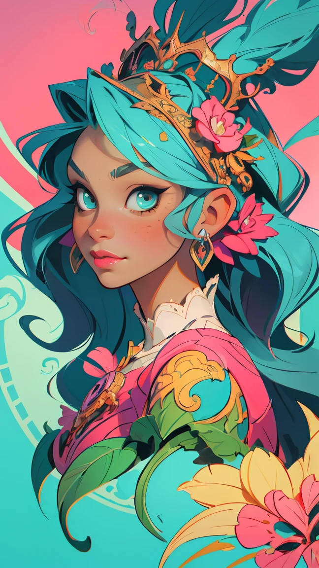 Symmetry, Finely Detailed Elaborate Ornate Alien Queen Goddess with Elaborately Detailed Colorful Eyey Lisa Frank, jeff koons, Orange and Pink, and Yellow and Teal, pretty face, intricate, elegant, highly detailed, digital painting, art station, concept art, smooth, sharp focus, illustration, art by art germ and greg rutkowski and alphonse mucha, 8k