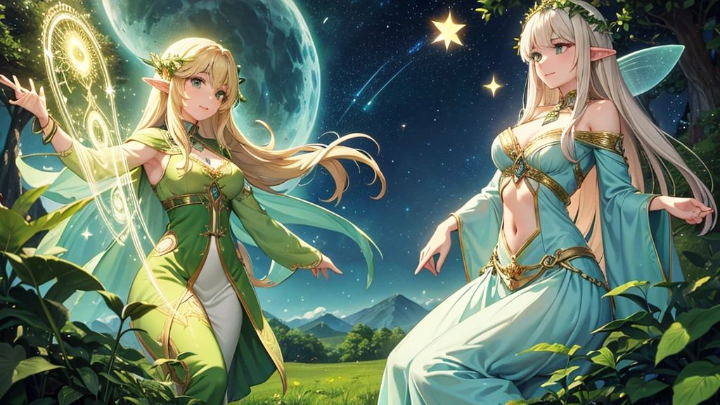 8K,A beautiful elven woman is depicted in the center, and fairies dance in a fantastical landscape. The elven woman has long golden hair in a Gweiz style and sparkling emerald green eyes. She smiles softly and plays the harp gracefully. In the background is a starry sky with many shooting stars. The fairies spread their sparkling wings and fly around the elf. This scene, which has a lovely and fantastical atmosphere, is a perfect match for Celtic music, which alternates between up-tempo and slow parts.