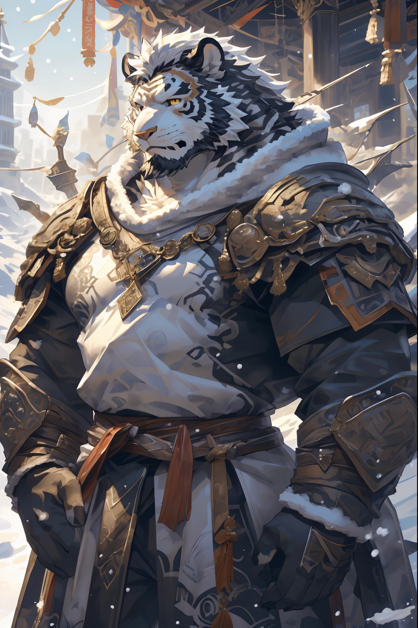 (White skintiger),(黑白阴阳Military commander战袍),(Holding a long sword),(Awesome posture:1.3),Standing quietly in,(The background is a city covered with ice and snow:1.5),(Abdominal muscles),Heroic飒爽,完美的masterpiece,Various  details,Close-up view,specific description,masterpiece,(cg),(Golden Eyes),Black and white pattern,Black and white tail,Military commander,Heroic,tiger,Black and white fur，Detailed  details,Half Body,(黑白阴阳Military commander战履),(Long feather),((middle aged)),(Face Focus),(16K),(HD),Black and white abdomen，temple，beard,(Face lines),(Heterochromia,),(Black and white yin and yang battle robe),(Black and white hair),(Strong:1.2),(muscle:1.3),(high resolution:1.3),(Standing in front of a city covered in snow),(Close up),(Detailed face:1.5)，Perfect details,(Half Body),(Detailed depiction of the face:1.5),(Zoom in on the face:1.5),(白色Face lines:1.2),(黑色beard:1.3),(White face:1.6),(White body),(White skin,black strips:1.3),(White cheeks:1.5),(The skin color of the face is white:1.3),cg