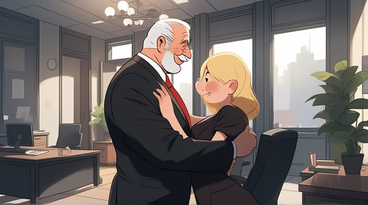  children's picture books,crayon paintings, blushes, 1 old man, fat, mafia boss, in black suite, red tie, side view, dancing with his blond wife, black dress in the office
