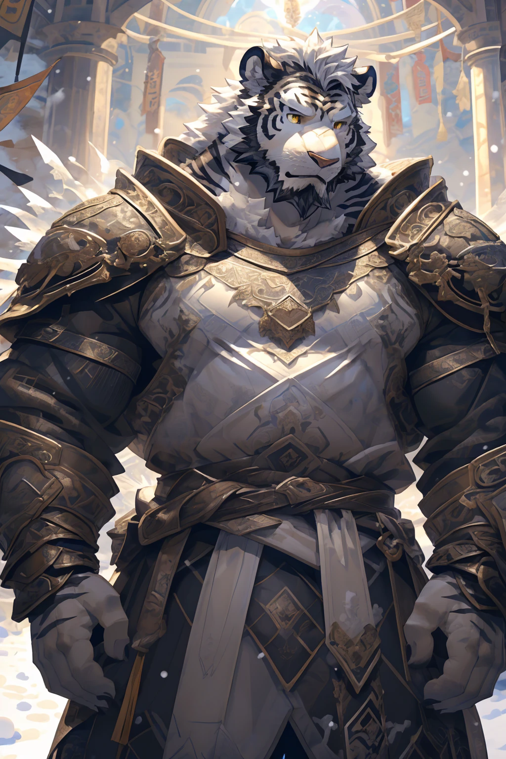 (White skintiger),(黑白阴阳Military commander战袍),(Holding a long sword),(Awesome posture:1.3),Standing quietly in,(The background is a city covered with ice and snow:1.5),(Abdominal muscles),Heroic飒爽,完美的masterpiece,Various facial details,Close-up view,specific description,masterpiece,(cg),(Golden Eyes),Black and white pattern,Black and white tail,Military commander,Heroic,tiger,Black and white fur,Detailed facial details,Half Body,(黑白阴阳Military commander战履),(Long feather),((middle aged)),(Face Focus),(16K),(HD),Black and white abdomen,temple,beard,(Face lines),(Heterochromia,),(Black and white yin and yang battle robe),(Black and white hair),(Strong:1.2),(muscle:1.3),(high resolution:1.3),(Standing in front of a city covered in snow),(Close up),(Detailed face:1.5),Perfect details,(Half Body),(Detailed depiction of the face:1.5),(Zoom in on the face:1.5),(白色Face lines:1.2),(黑色beard:1.3),(White face:1.6),(White body),(White skin,black strips:1.3),(White cheeks:1.5),(The skin color of the face is white:1.3),cg