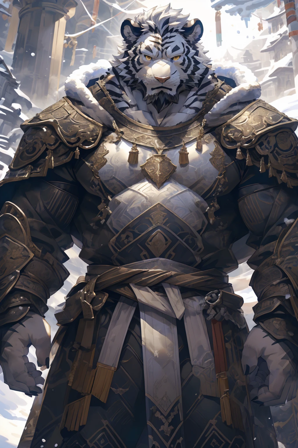 (White skintiger),(黑白阴阳Military commander战袍),(Holding a long sword),(Awesome posture:1.3),Standing quietly in,(The background is a city covered with ice and snow:1.5),(Abdominal muscles),Heroic飒爽,完美的masterpiece,Various facial details,Close-up view,specific description,masterpiece,(cg),(Golden Eyes),Black and white pattern,Black and white tail,Military commander,Heroic,tiger,Black and white fur,Detailed facial details,Half Body,(黑白阴阳Military commander战履),(Long feather),((middle aged)),(Face Focus),(16K),(HD),Black and white abdomen,temple,beard,(Face lines),(Heterochromia,),(Black and white yin and yang battle robe),(Black and white hair),(Strong:1.2),(muscle:1.3),(high resolution:1.3),(Standing in front of a city covered in snow),(Close up),(Detailed face:1.5),Perfect details,(Half Body),(Detailed depiction of the face:1.5),(Zoom in on the face:1.5),(白色Face lines:1.2),(黑色beard:1.3),(White face:1.6),(White body),(White skin,black strips:1.3),(White cheeks:1.5),(The skin color of the face is white:1.3),cg