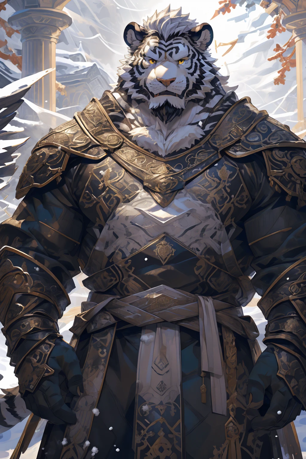 (White skintiger),(黑白阴阳Military commander战袍),(Holding a long sword),(Awesome posture:1.3),Standing quietly in,(The background is a city covered with ice and snow:1.5),(Abdominal muscles),Heroic飒爽,完美的masterpiece,Various facial details,Close-up view,specific description,masterpiece,(cg),(Golden Eyes),Black and white pattern,Black and white tail,Military commander,Heroic,tiger,Black and white fur，Detailed facial details,Half Body,(黑白阴阳Military commander战履),(Long feather),((middle aged)),(Face Focus),(16K),(HD),Black and white abdomen，temple，beard,(Face lines),(Heterochromia,),(Black and white yin and yang battle robe),(Black and white hair),(Strong:1.2),(muscle:1.3),(high resolution:1.3),(Standing in front of a city covered in snow),(Close up),(Detailed face:1.5)，Perfect details,(Half Body),(Detailed depiction of the face:1.5),(Zoom in on the face:1.5),(白色Face lines:1.2),(黑色beard:1.3),(White face:1.6),(White body),(White skin,black strips:1.3),(White cheeks:1.5),(The skin color of the face is white:1.3),cg