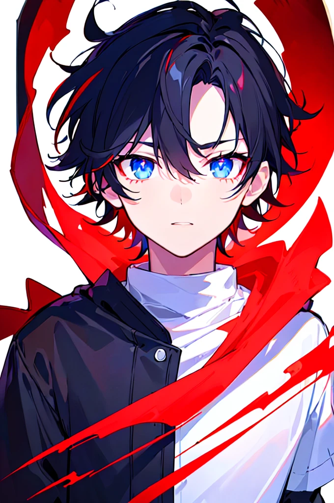 [(WHITE BACKGROUND:1.5),::5], ((((masterpiece)))), high quality, ultra very high resolution, full color, (((solo))), ((little boy)), black hair, ((red streaked hair)), blue eyes, anime, ((upper body)), neon light, black parka, (flame effect:1.2)