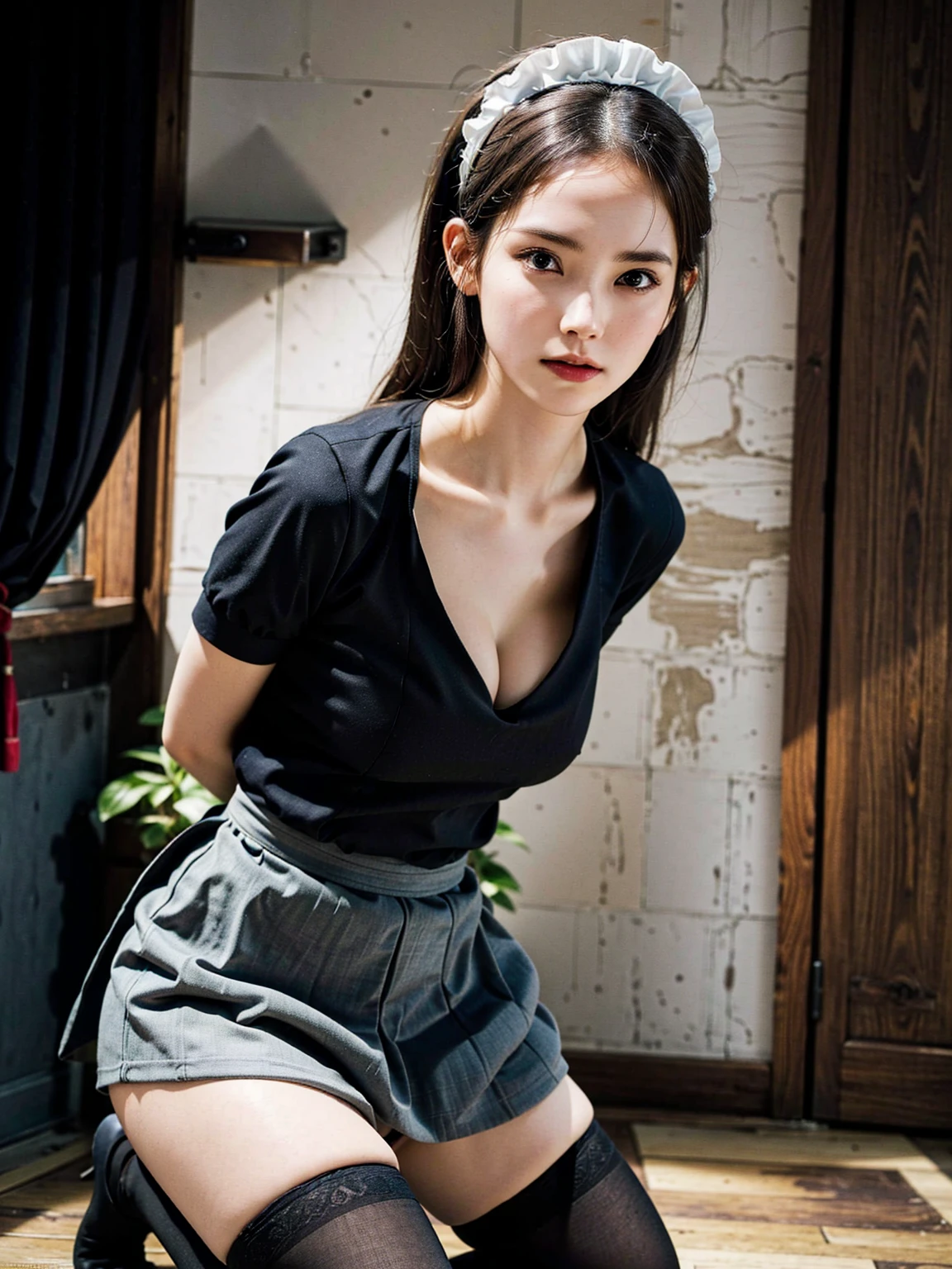 (41k4:0.6), masterpiece, Best Quality, 8K, Raw photo, (wearing maid uniform:1.5), top-notch quality, masterpiece, (kneeling in front of viewer:1.5), (arms behind back:1.5), solo, (1 pretty Japanese girl), (wearing black stockings:1.2), exceptionally detailed RAW color photo, professional-grade photograph, (Realistic, Photorealistic:1.37), (highly detailed skin:1.2), Ultra-high resolution, (lens 50mm), (masterpiece, top-quality:1.3), (hyper realistic:1.35), (Photorealistic:1.45), (Realistic:1.4), (looking at viewer:1.4), (facing viewer:1.5), (1 beautiful girl), 21 years old, Japanese idol, supermodel, pale skin, (slim:1.3), (slim body:1.25), (slender body:1.25), (narrow waist:1.25), pretty face, (large breasts:1.15), (deep cleavage:1.2), gravure idol