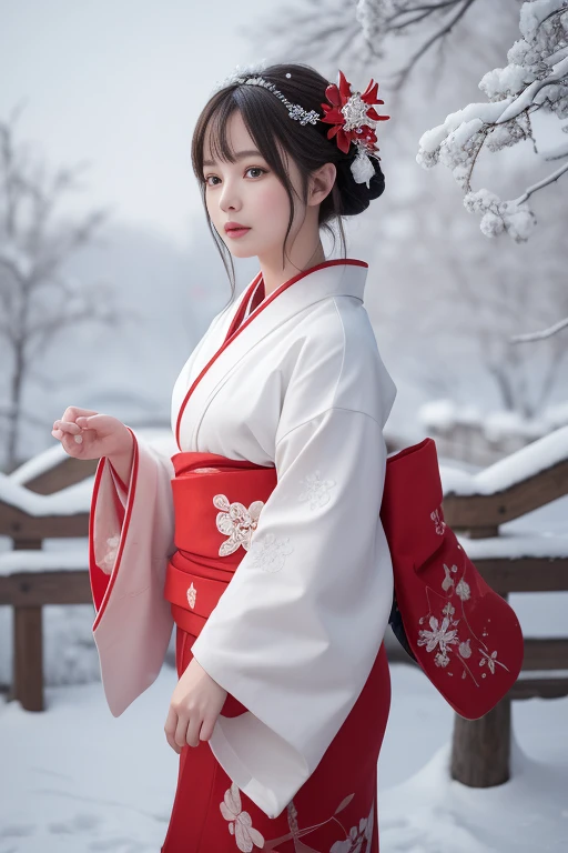 masterpiece,8K,The best quality at its best,High resolution,Super detailed), white, (Bright red kimono:1.3), A world covered in silver, Snow covered branches, cold冬天触摸, Snowflakes dance like elves, Let's turn the world into a silvery fairy tale, cold, Quiet and beautiful snow scenery, Comfortable and calm