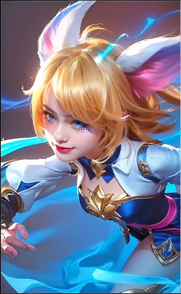 a beautiful young girl with blonde hair and blue eyes, detailed face and eyes, white cat ears, smile, mobile legends, portrait knights of zodiac girl, (best quality,4k,8k,highres,masterpiece:1.2),ultra-detailed,(realistic,photorealistic,photo-realistic:1.37),detailed studio lighting,extremely detailed and intricate,cinematic lighting,vibrant colors,fantasy,digital painting,concept art