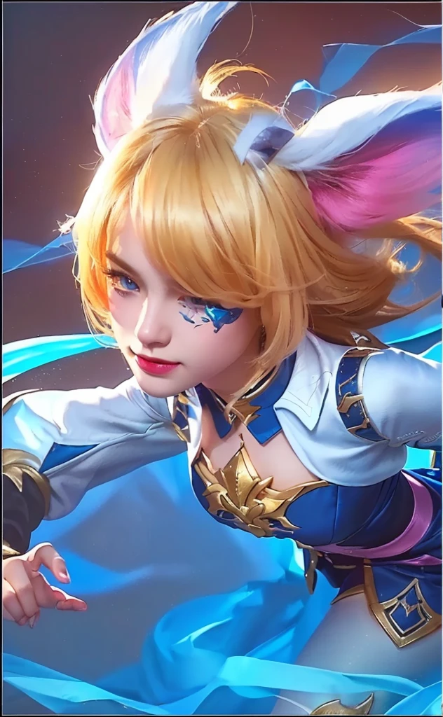 a beautiful young girl with blonde hair and blue eyes, detailed face and eyes, white cat ears, smile, mobile legends, portrait knights of zodiac girl, (best quality,4k,8k,highres,masterpiece:1.2),ultra-detailed,(realistic,photorealistic,photo-realistic:1.37),detailed studio lighting,extremely detailed and intricate,cinematic lighting,vibrant colors,fantasy,digital painting,concept art