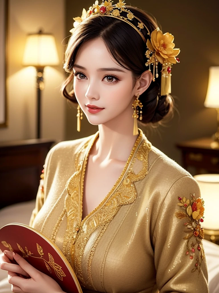 Realistic semi-close portrait image of curious woman retro 60s nostalgia, Prime Time,, 35mm Female Portrait，Gold embroidery. warm color. Vivid. Realistic. Carefree happy joy bokeh background. Quiet aesthetics. Soft lighting. Artistic lighting. Feminine elegance.Facing forward、Photo of your face、Magician