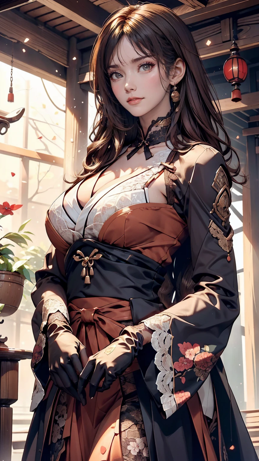 Japanese women、Brown Hair、Semi-long hair、Inner Color((colored inner hair))、Sexy proportions、Slender and tall、Wear a high-necked dress decorated with lace、No sleeve、Wear long gloves that reach down to your upper arms、