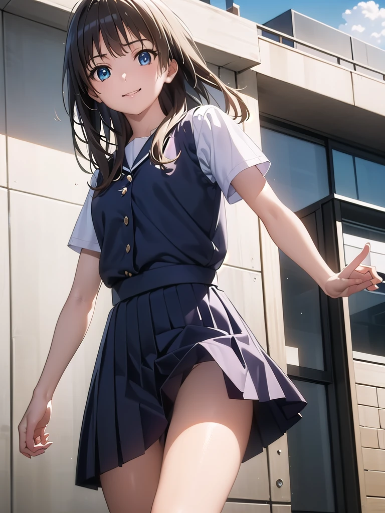 Okay, Saten Ruiko, Black Hair, blue eyes, Long Hair, hair ornaments, Floral decoration,
break セーラー服, blue skirt, pleated skirt, ((ミニskirt:1.5)), Seraphim, skirt, Summer clothes,
break outdoor, city, null, sun, cloud,
break looking at viewer, (Cowboy Shot:1.5),
break (masterpiece:1.2), Highest quality, High resolution, unity 8k wallpaper, (figure:0.8), (Beautiful attention to detail:1.6), Highly detailed face, Perfect lighting, Highly detailed CG, (Perfect hands, Perfect Anatomy), Angle from below, Dutch Angle, smile, 風でskirtが捲れる, Showing panties