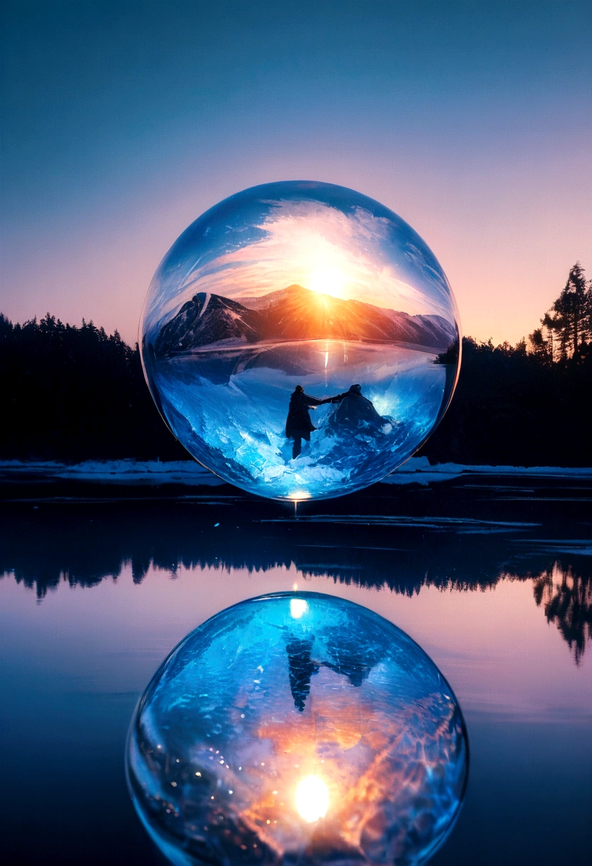 (A glass sphere depicting a soft winter sky over a frozen lake:1.2), (Silk glass sphere 1.1), Landscape Photography, Unsplash, Extremely detailed, High detail, Analog Film, Analog Lighting, nature光, 4k photos, 8K Photo, ハイパーrealism, Impressionism, Romanticism, Conceptual Art, Surrealism, realism, Cinema Lighting, Shine, Shine光, God's Rays, Ray Tracing, reflected light, bloom, Film Grain, Optical illusion, Lens flare, Caustics, Exposure, Bokeh, 超High resolution, masterpiece, Super detailed, Attention to detail, high quality, Awards, 最high quality, High resolution, 16K, 8K, 4K, nature