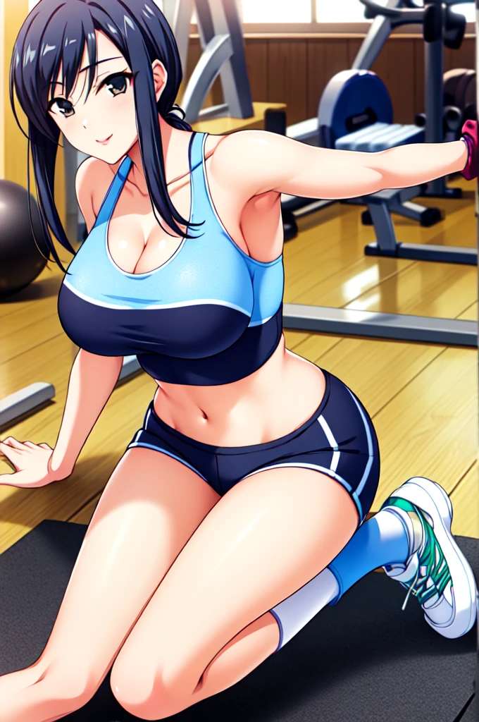 Ayako Hiiragi | Walkure Romanze, masterpiece, best quality, a beautiful y woman in sports outfit posing on an exercise machine at the fitness gym, 1girl, 独奏, sports bra, breavel, short shorts, midriff, wrist bands, socks, cleavage, , smile, looking at viewer,