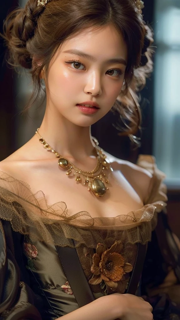 Best quality, masterpiece, ultra high res, (photorealistic:1.4), raw photo,1girl, solo, realistic, lips, looking at viewer, teeth, long hair, parted lips, nose, upper body, brown hair, simple background, brown eyes, black dress,  