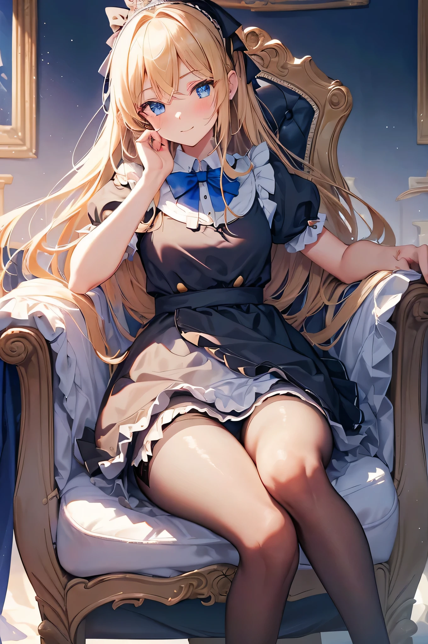 One girl, alone, Long Hair, blue eyes, Blonde, Crown, Sitting, pantyhose, dress, bow, card, apron, hair band, playing card, View your viewers, Short sleeve, hair bow, blue hair band, smile, blush, put your hand on your face, blue dress, Alice (Alice in wonderland), Hair between the eyes, Chair, black pantyhose, blue bow, Throne, Puffy sleeves, Put your hand on your cheek, bangs, puffy Short sleeve, ribbon, very Long Hair, mini Crown, The legs are off the frame, Frills, white apron, :q, masterpiece, Highest quality, (((Lift up your skirt, White , ))),