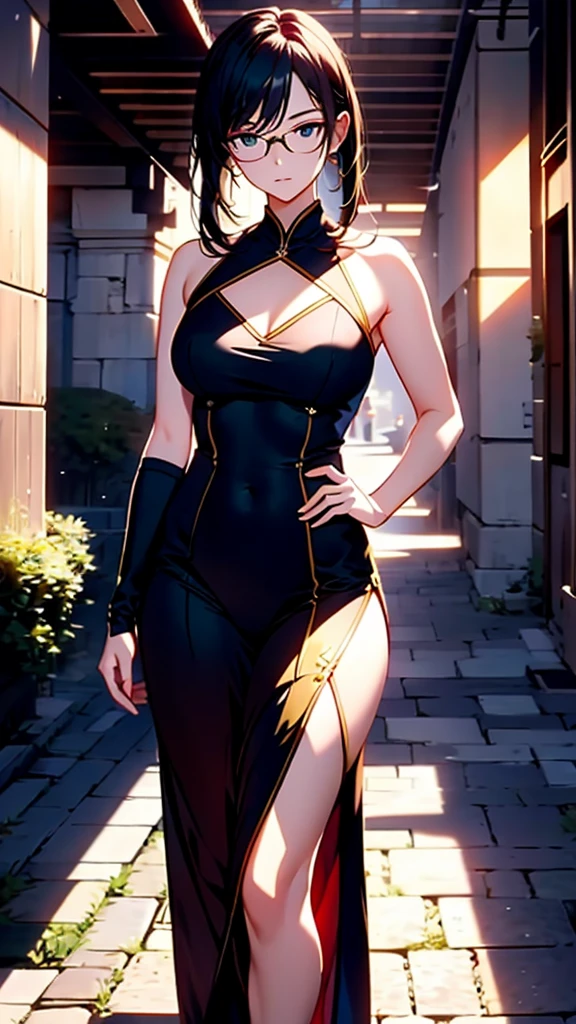 photorealistic, (4k), depth of field, (Masterpiece), (realistic skin texture), extremely detailed, intricate, hyper detailed, professional photography, bokeh, high resolution, sharp detail, best quality, 1girl, beautiful ,zenin_maki,glasses,bangs,green hair,brown eyes, volumetric lighting, best quality, masterpiece, intricate details, tonemapping, sharp focus, hyper detailed, ballroom, beautiful dress, big breasts, sparkle dress, fancy red dress, red dress, red glitter dress, one piece dress, ballroom event, ballroom dress, sleeveless, hip slit, bare shoulders, sparkly red dress