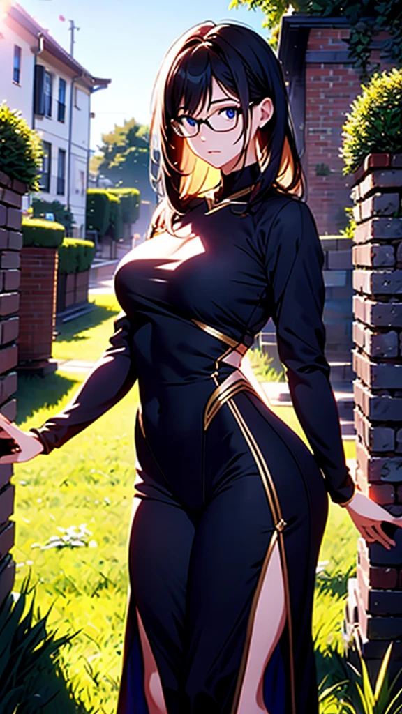 whole body, entire body, full body, total body, standing, upright stance, ????? posture, head and toes, simple background, anime style 4k, 20-years-old beautiful female, black rim glasses, wearing white headphones, black hair, Easy-to-move costume, midsummer fashion, Midsummer loungewear, civilian clothes, intellectual atmosphere, knowledge, scholarship, enthusiasm, front of whole body, immersion, concentration, sense of accomplishment, cinematic lighting, masterpiece, top quality, 4K, academic atmosphere, (masterpiece), (best quality), ultra-high res, sharp focus